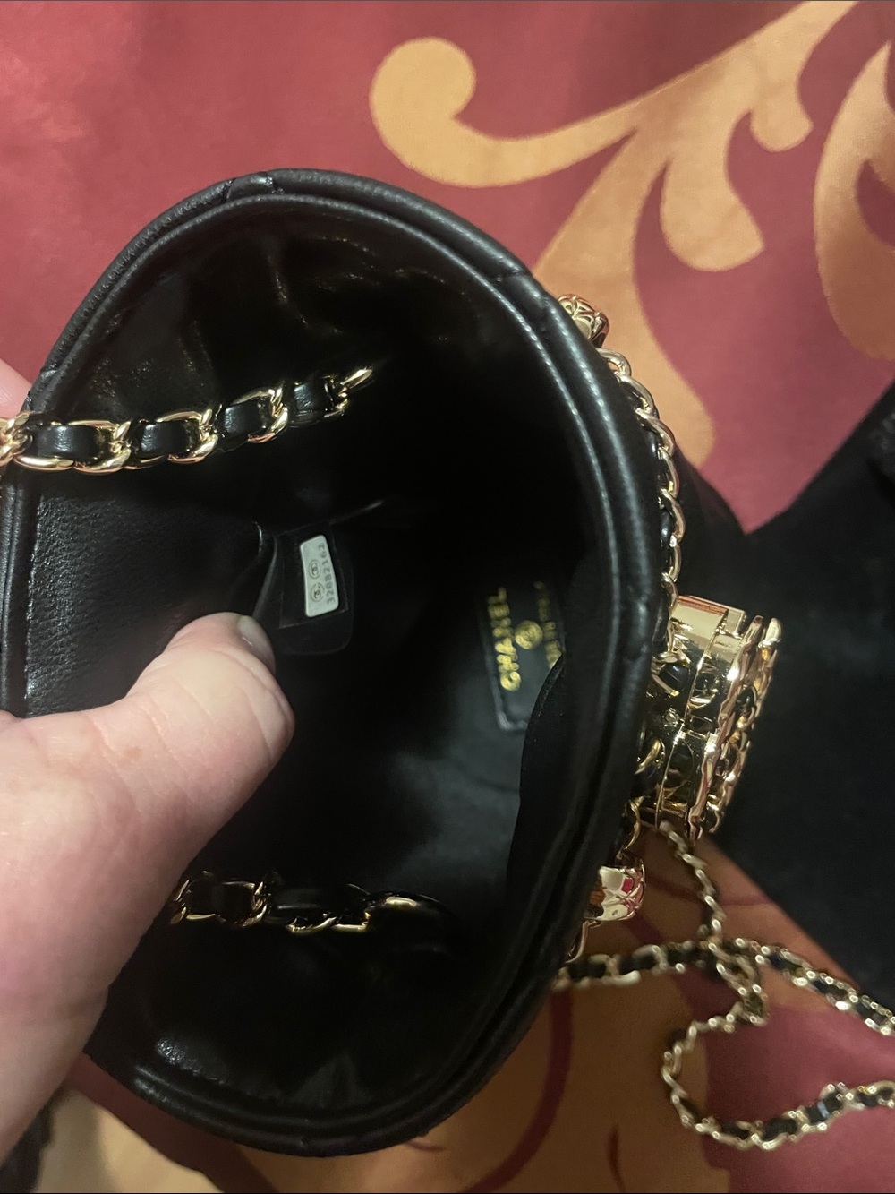 GWP Black Quilted Lambskin Mini Bucket with Gold Chain and Pearl Strap - Picture 6 of 17